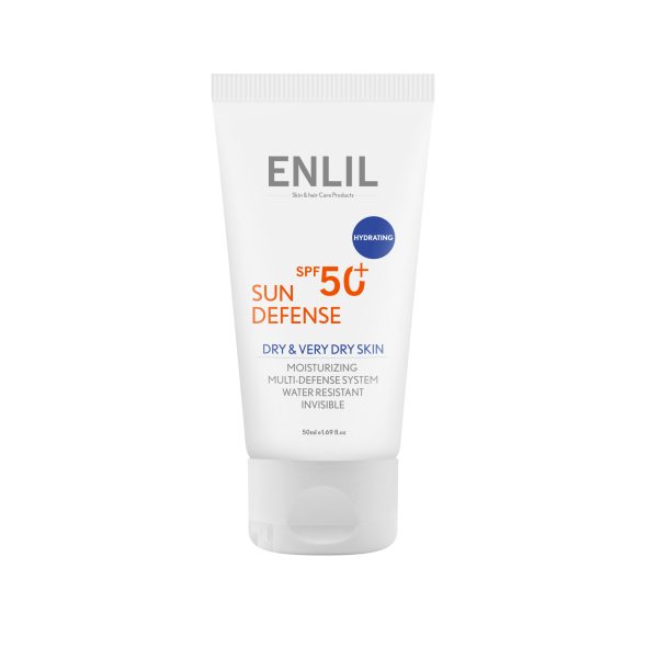 کرم ضد آفتاب بی رنگ مدل Sun Defense مناسب پوست خشک حجم 50 میلی لیتر انلیل Enlil Sun Defense SPF50 For Dry Skin